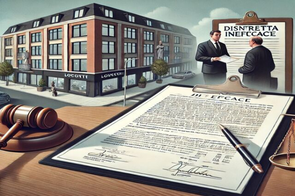 Un'immagine che illustra il concetto di 'disdetta inefficace' e 'indennità di avviamento' nel contesto delle locazioni commerciali, con elementi come un contratto strappato, una bilancia della giustizia e un'ambientazione legale.