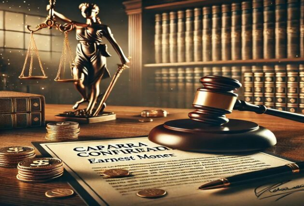 Un martello del giudice, un contratto legale e un deposito finanziario che simboleggiano la 'caparra confirmatoria' nel diritto contrattuale, con uno sfondo che include la bilancia della giustizia e una biblioteca giuridica.