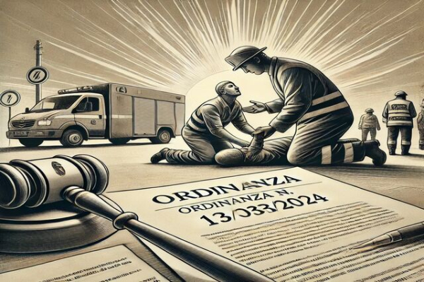 "Rappresentazione simbolica della sentenza della Suprema Corte di Cassazione sull’infortunio in itinere e la solidarietà umana nel soccorso ai terzi.