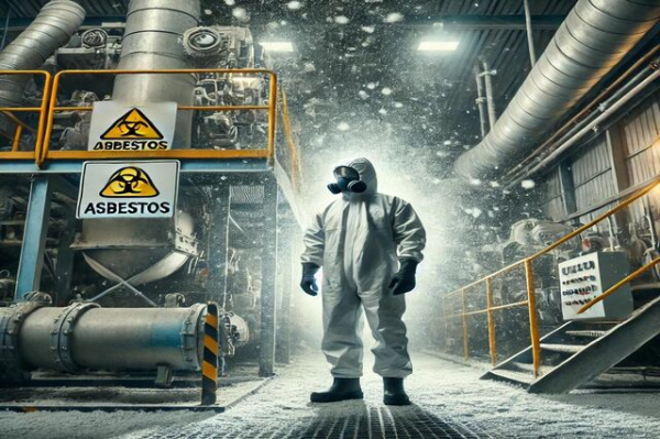 Lavoratore in abbigliamento protettivo che evidenzia i rischi delle malattie professionali causate dall'esposizione ad amianto