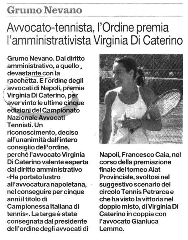 Avvocato tennista - l'ordine premia l'amministrativa Virginia di Caterino