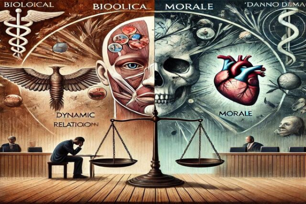 "Illustrazione artistica che rappresenta i due componenti del danno non patrimoniale per colpa medica: il danno biologico/dinamico-relazionale, simboleggiato da un paziente in esame medico, e il danno morale, espresso attraverso immagini astratte di sofferenza emotiva. Sullo sfondo, una bilancia della giustizia sottolinea l'equità e il contesto legale.