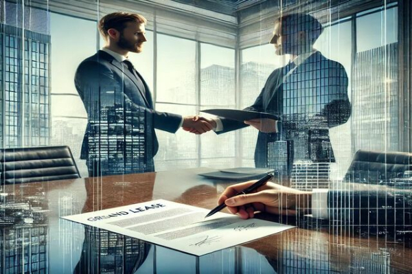 Professionisti che finalizzano un contratto di locazione commerciale di alto valore in un moderno ufficio aziendale, simbolo di flessibilità e potere negoziale nelle 'grandi locazioni'.