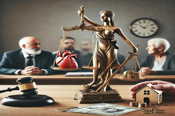 Una bilancia della giustizia bilancia una casa, un cuore e una moneta, con una stretta di mano sullo sfondo che simboleggia l'accordo legale e morale.