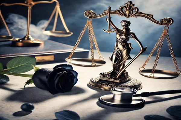 Simboli di giustizia e responsabilità medica: bilancia dorata, stetoscopio e rosa nera su sfondo sfumato, rappresentando il tema di responsabilità sanitaria e danni morali.